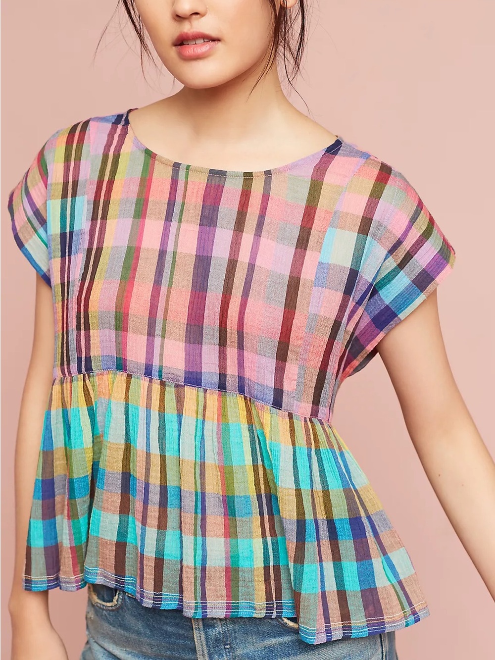 Anthropologie Holding Horses Mina Plaid Pink Babydoll Cotton Top